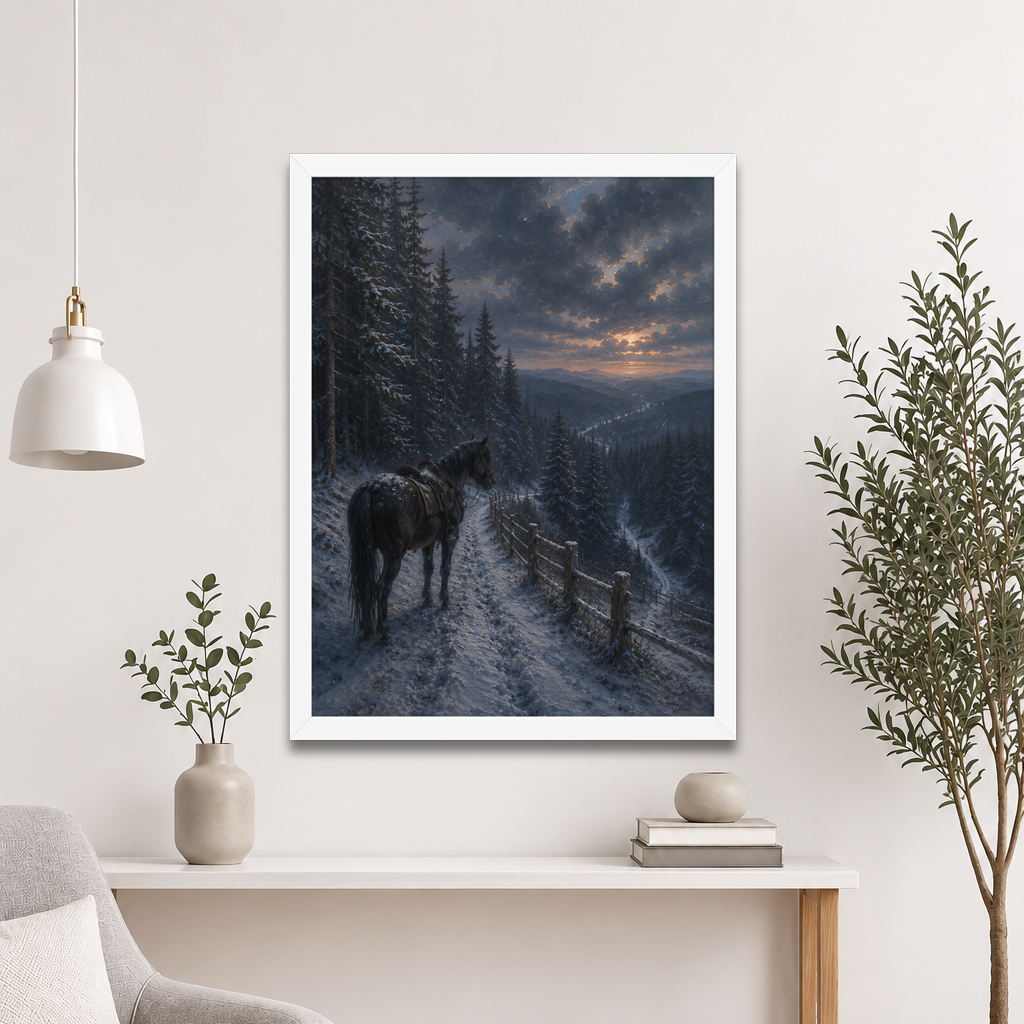 Framed mountain trail poster featuring a lone horse overlooking a snowy valley at winter sunset, inspired by Robert Frost's The Road Not Taken, original Visual Poetry artwork.