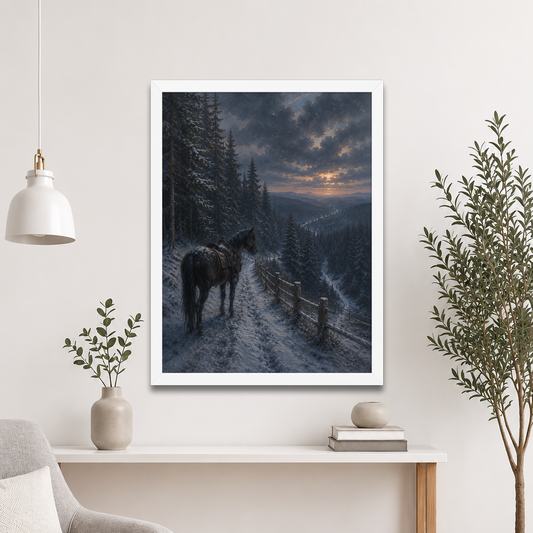 Framed mountain trail poster featuring a lone horse overlooking a snowy valley at winter sunset, inspired by Robert Frost's The Road Not Taken, original Visual Poetry artwork.