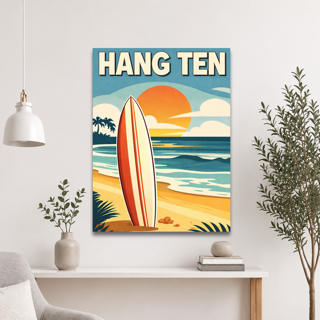 Hang Ten vintage surf poster with surfboard and California sunset beach scene