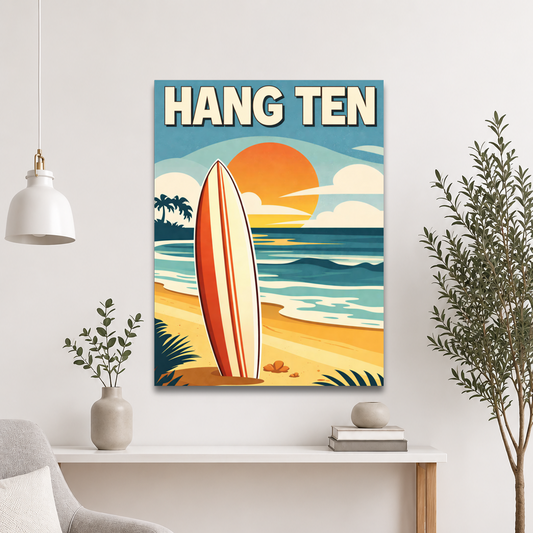Hang Ten vintage surf poster with surfboard and California sunset beach scene