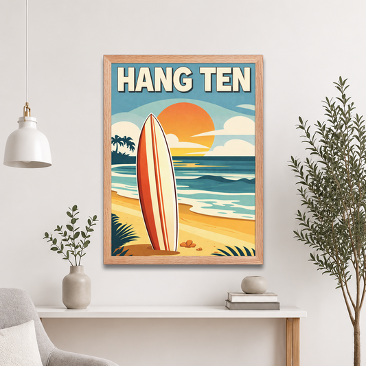 Framed Hang Ten vintage surf poster with surfboard and California sunset beach scene