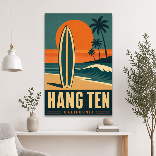 Retro Hang Ten California surf poster with surfboard, sunset, and palm trees
