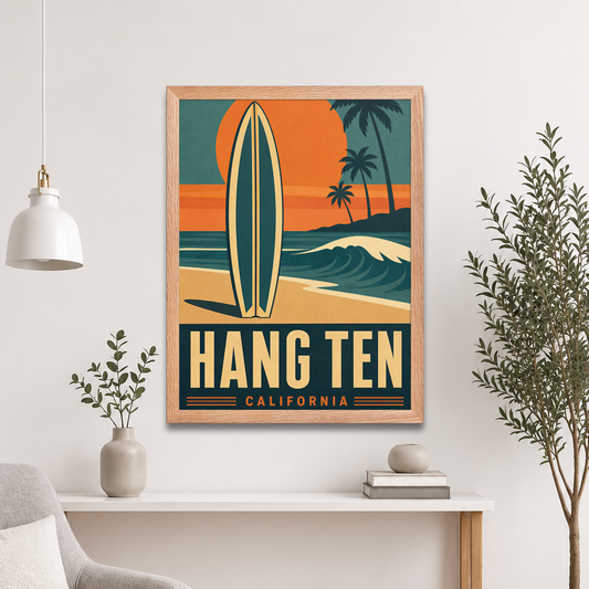Framed retro Hang Ten California surf poster with surfboard, sunset, and palm trees