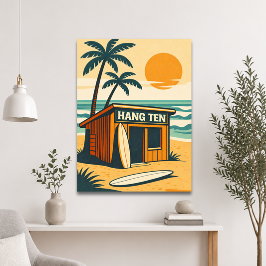Vintage Hang Ten surf shack poster with surfboards and sunset beach scene