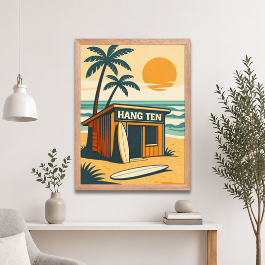 Framed vintage Hang Ten surf shack poster with surfboards and sunset beach scene