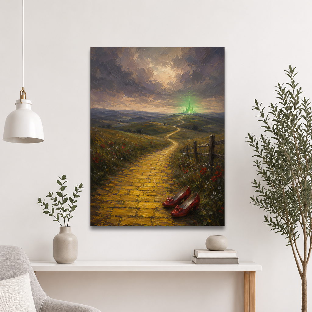 Yellow Brick Road poster featuring ruby slippers beside a winding golden path leading toward a distant emerald city, inspired by There's No Place Like Home, original Visual Poetry artwork.