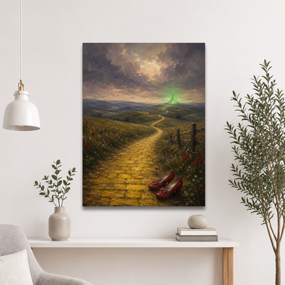 Yellow Brick Road poster featuring ruby slippers beside a winding golden path leading toward a distant emerald city, inspired by There's No Place Like Home, original Visual Poetry artwork.