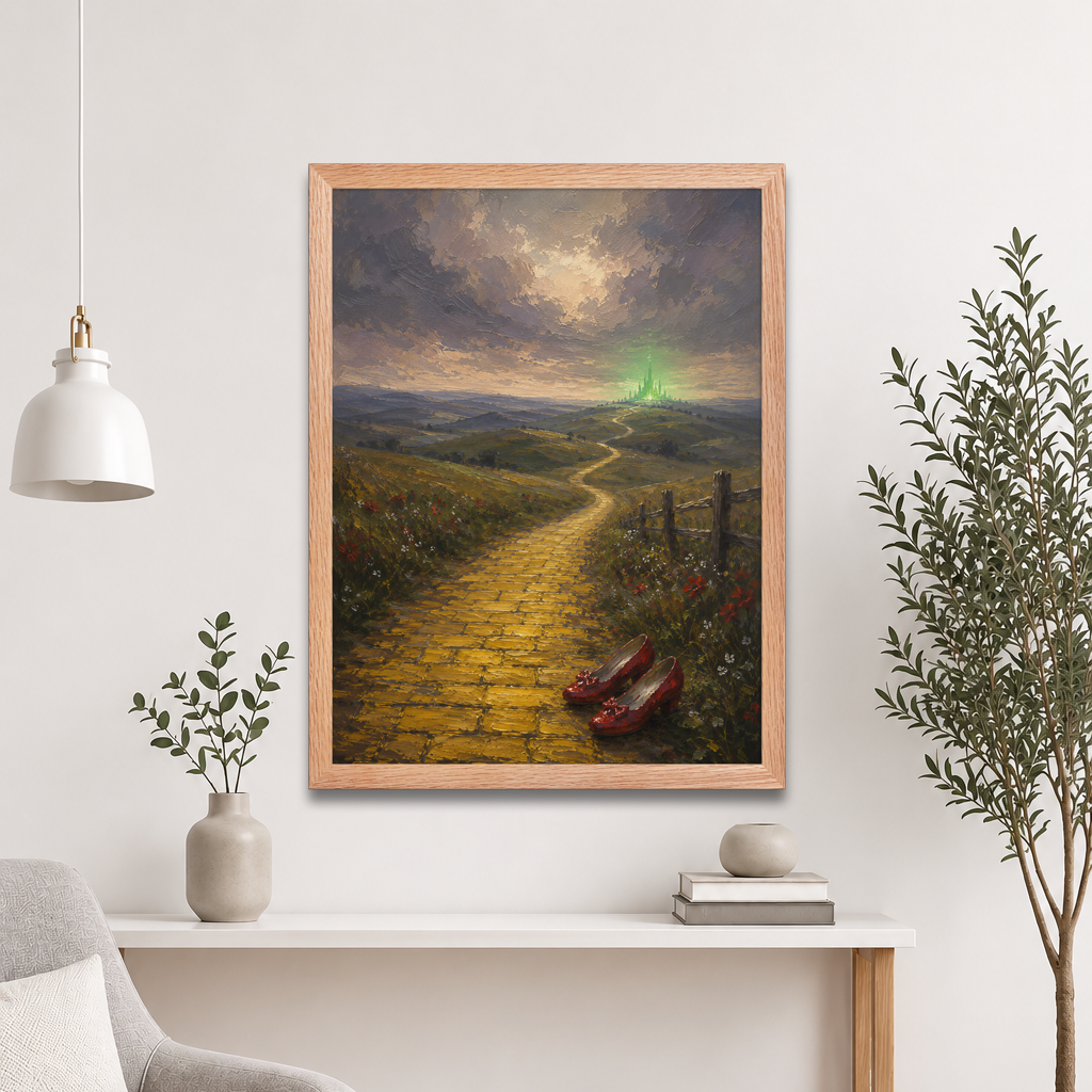 Framed Yellow Brick Road poster featuring ruby slippers beside a winding golden path leading toward a distant emerald city, inspired by There's No Place Like Home, original Visual Poetry artwork.