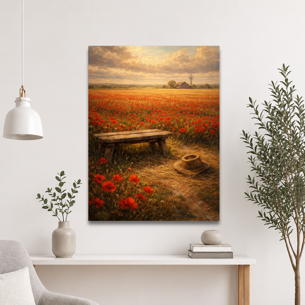 Poppy Field poster featuring a rustic bench, straw hat, and a vast field of red poppies beneath a glowing countryside sky, inspired by The Deadly Poppy Field, original Visual Poetry artwork.
