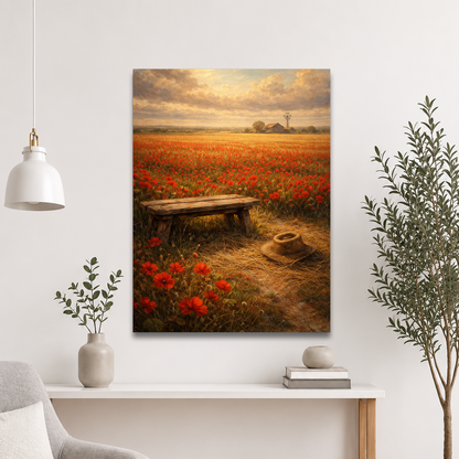 Poppy Field poster featuring a rustic bench, straw hat, and a vast field of red poppies beneath a glowing countryside sky, inspired by The Deadly Poppy Field, original Visual Poetry artwork.