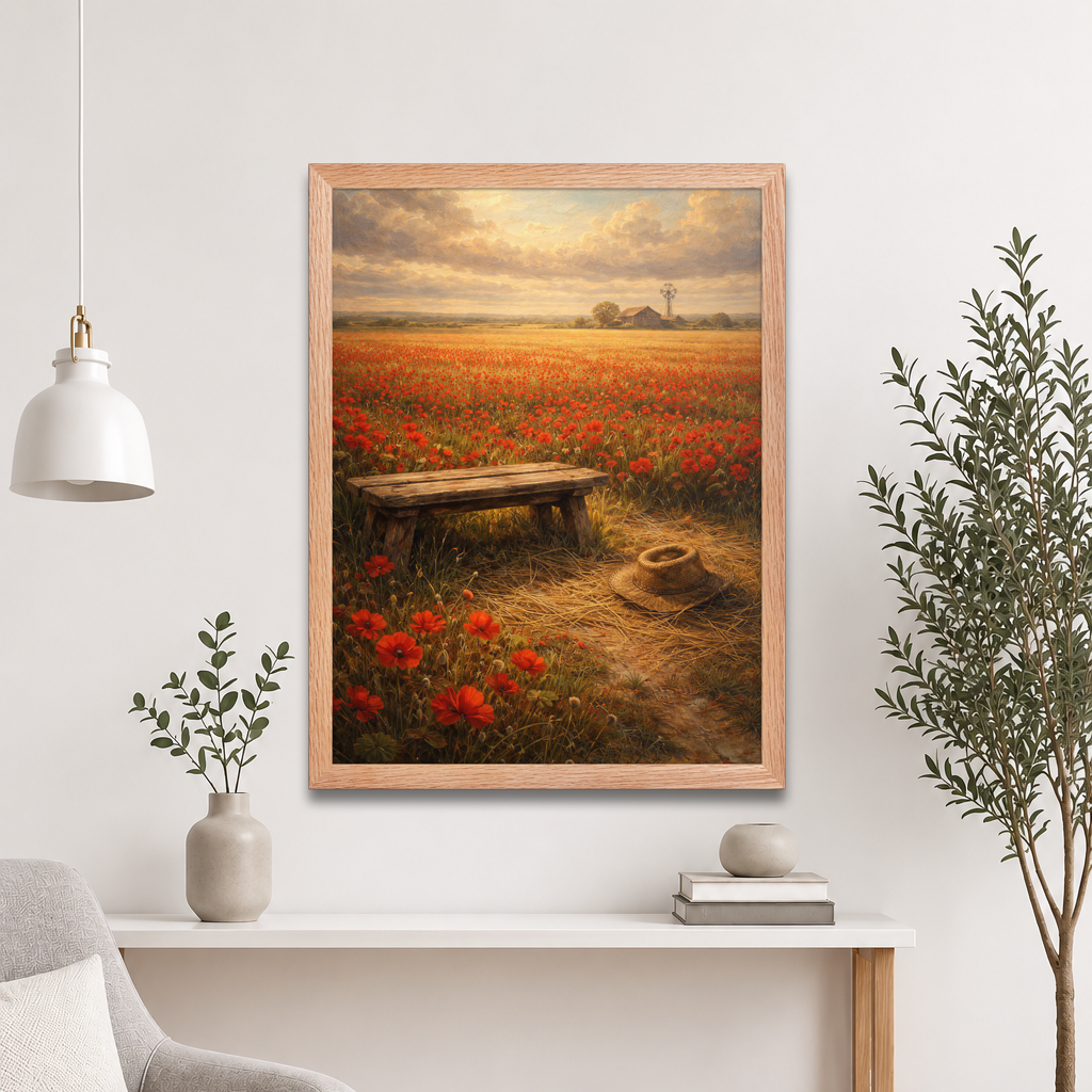 Framed Poppy Field poster featuring a rustic bench, straw hat, and a vast field of red poppies beneath a glowing countryside sky, inspired by The Deadly Poppy Field, original Visual Poetry artwork.