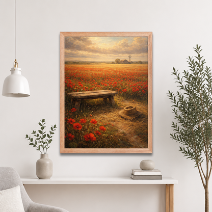 Framed Poppy Field poster featuring a rustic bench, straw hat, and a vast field of red poppies beneath a glowing countryside sky, inspired by The Deadly Poppy Field, original Visual Poetry artwork.