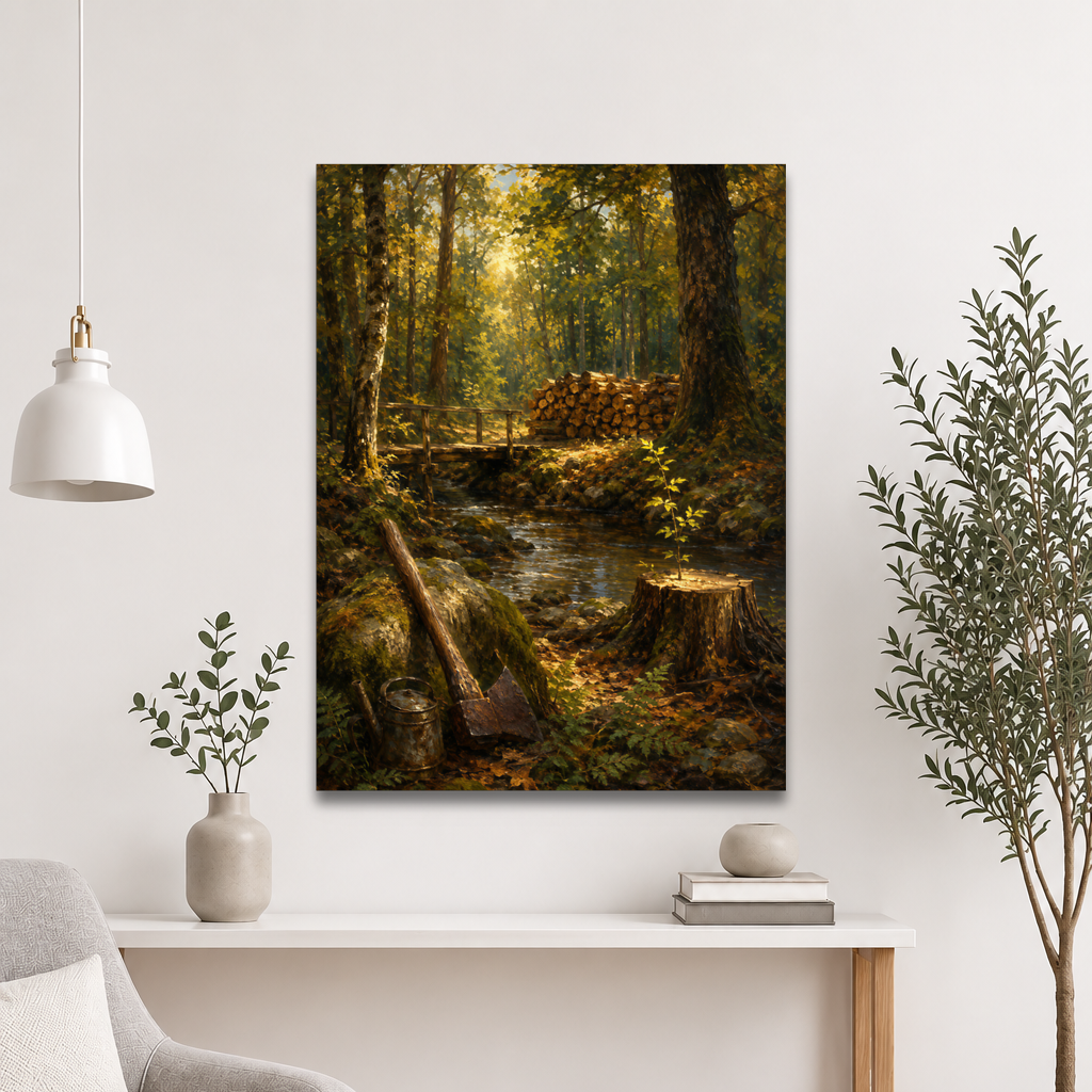 Forest Clearing poster featuring a woodland stream, rustic bridge, axe, stacked firewood, and a young sapling growing from a tree stump, inspired by Follow the Yellow Brick Road, original Visual Poetry artwork.