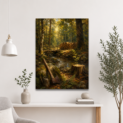 Forest Clearing poster featuring a woodland stream, rustic bridge, axe, stacked firewood, and a young sapling growing from a tree stump, inspired by Follow the Yellow Brick Road, original Visual Poetry artwork.