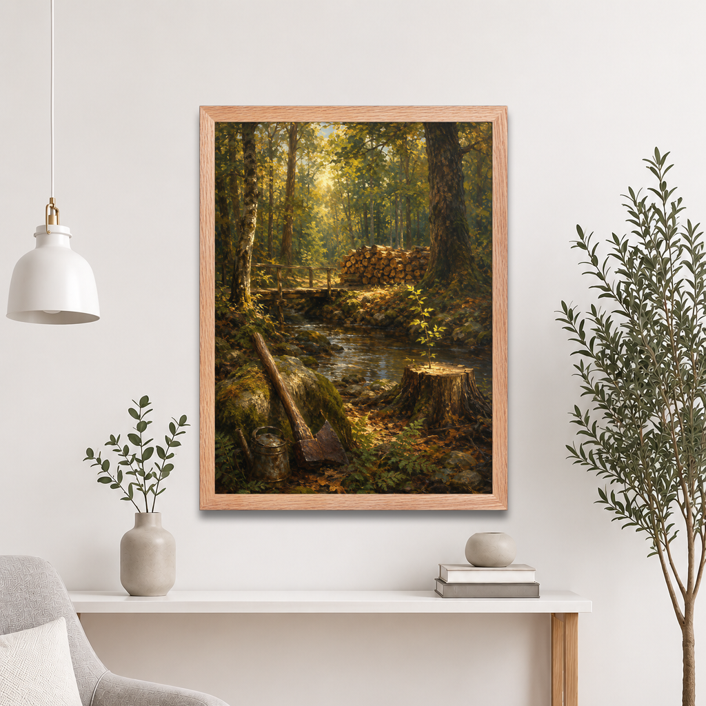 Framed Forest Clearing poster featuring a woodland stream, rustic bridge, axe, stacked firewood, and a young sapling growing from a tree stump, inspired by Follow the Yellow Brick Road, original Visual Poetry artwork.