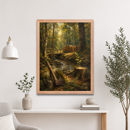 Framed Forest Clearing poster featuring a woodland stream, rustic bridge, axe, stacked firewood, and a young sapling growing from a tree stump, inspired by Follow the Yellow Brick Road, original Visual Poetry artwork.