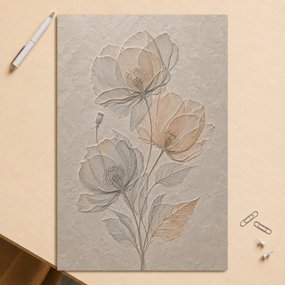 Wildflower bouquet print with embossed relief-look design on neutral beige textured background