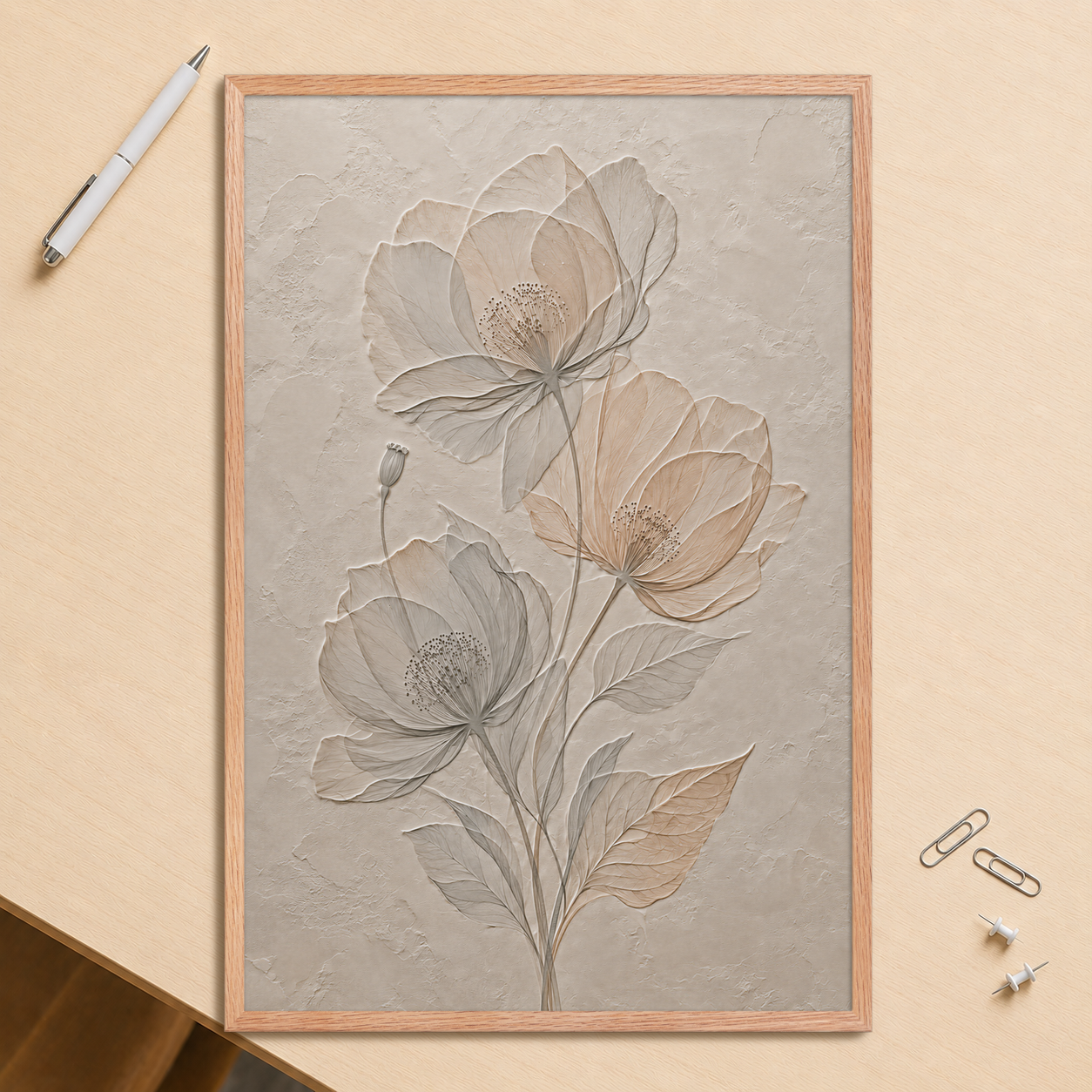 Framed wildflower bouquet print with embossed relief-look design on neutral beige textured background