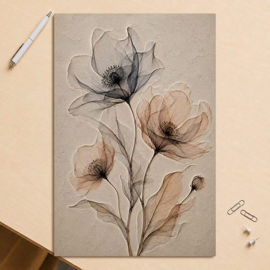 Wildflower trio print with embossed relief-look design in charcoal and clay tones on beige textured background