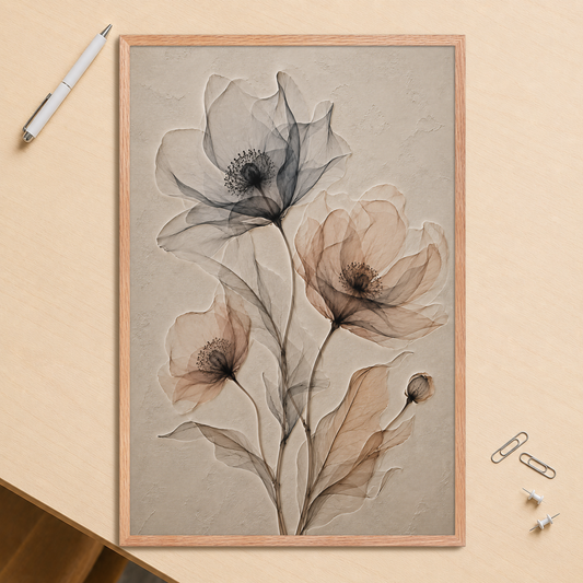 Framed wildflower trio print with embossed relief-look design in charcoal and clay tones on beige textured background