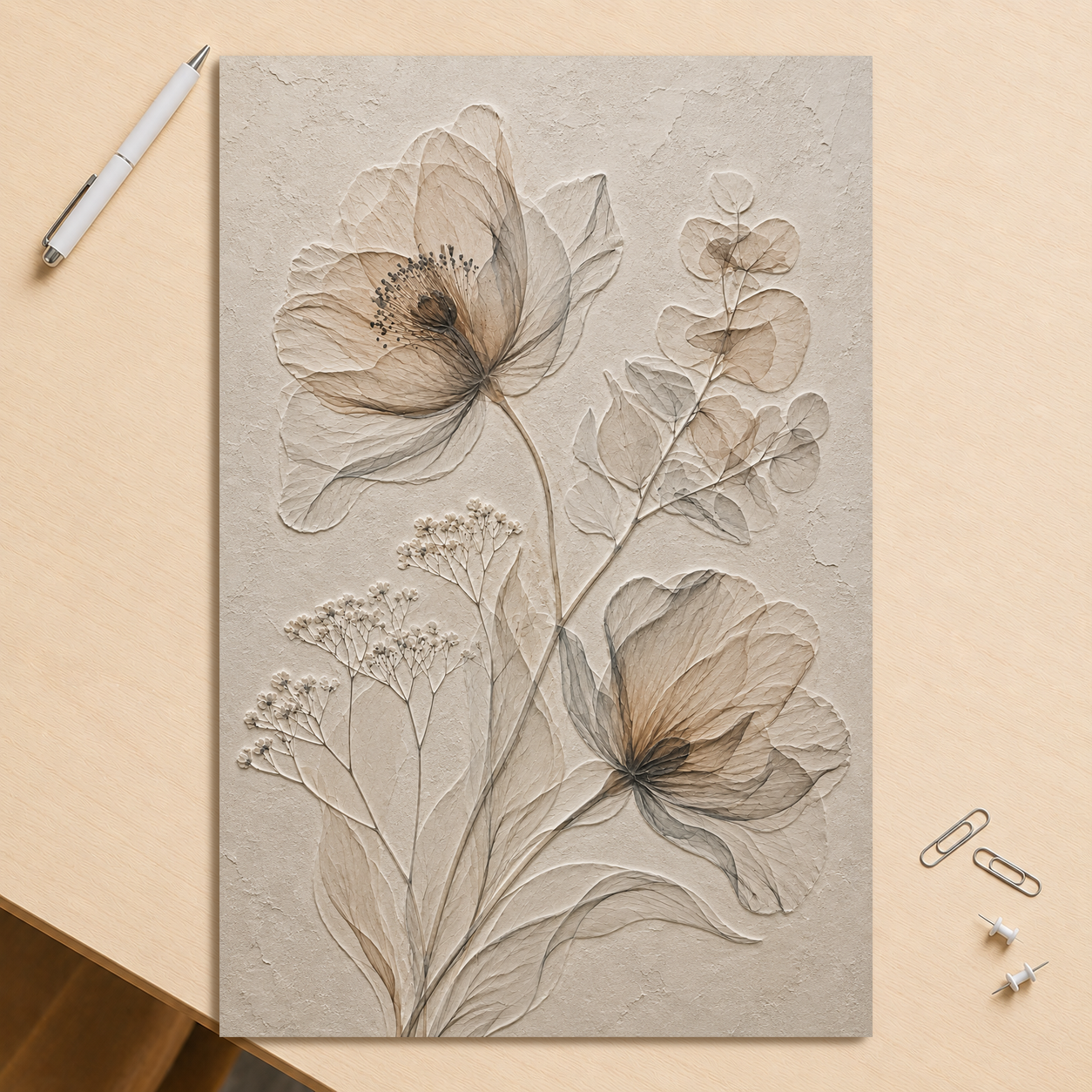 Botanical study print with embossed relief-look design in warm sepia tones on beige textured background