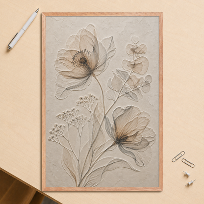 Framed botanical study print with embossed relief-look design in warm sepia tones on beige textured background