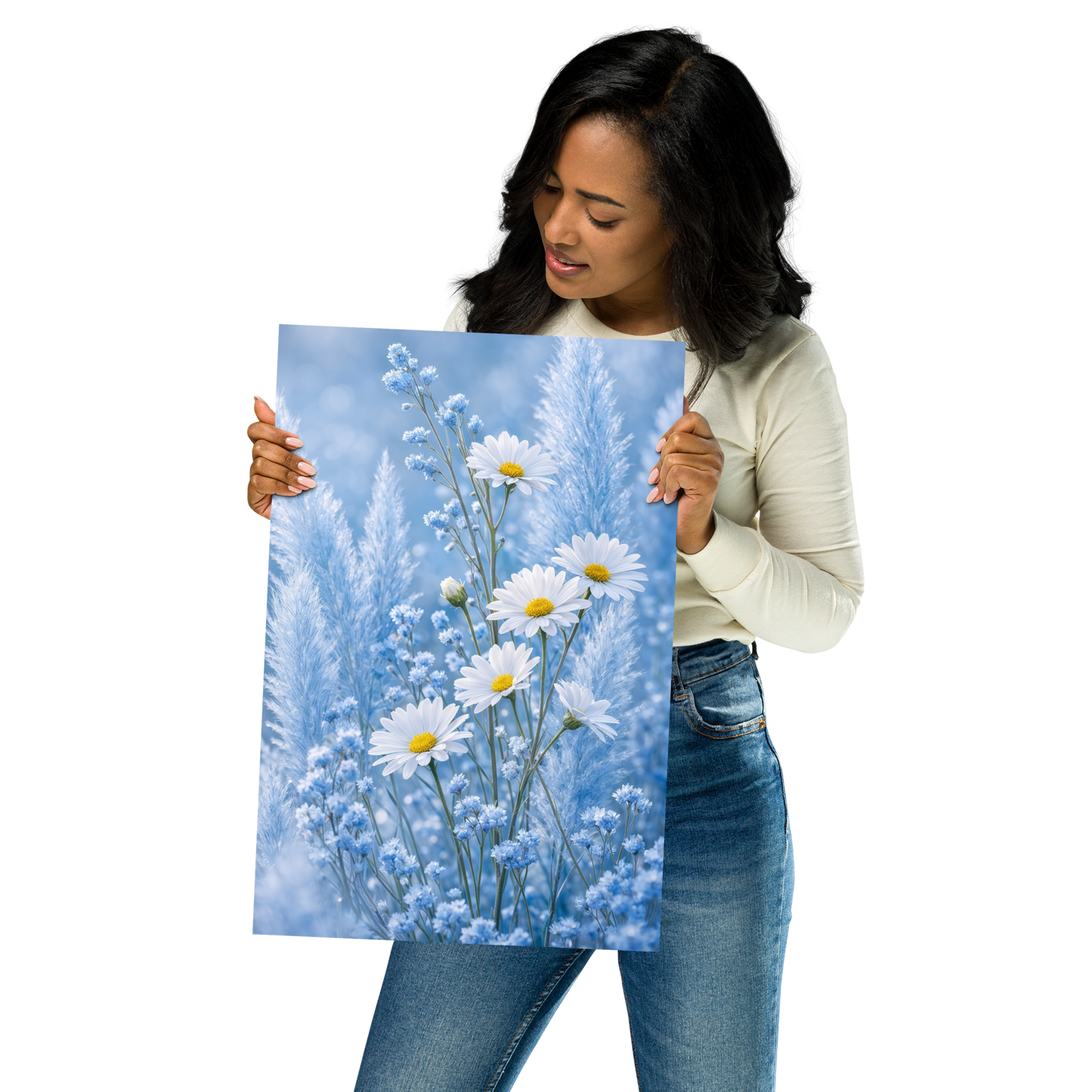 Minimalist floral art print featuring white daisies in a pale blue meadow with soft neutral tones