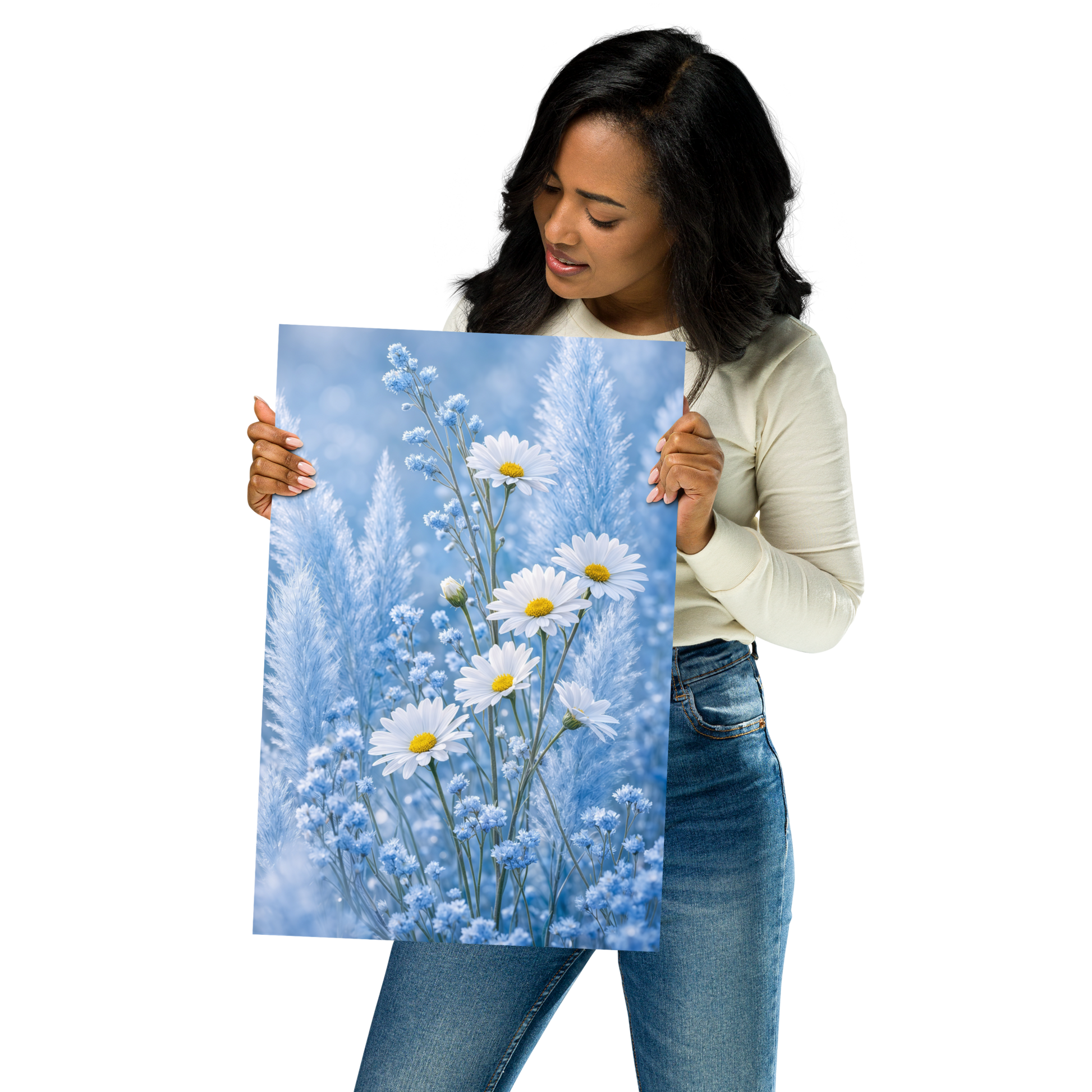 Minimalist floral art print featuring white daisies in a pale blue meadow with soft neutral tones