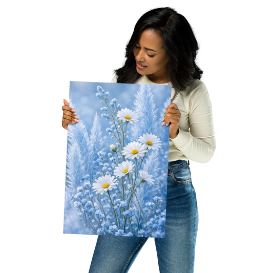 Minimalist floral art print featuring white daisies in a pale blue meadow with soft neutral tones