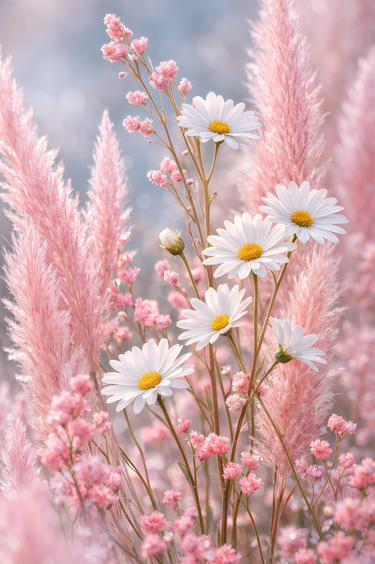 Minimalist blush floral art print with white daisies and soft pink grasses in neutral tones