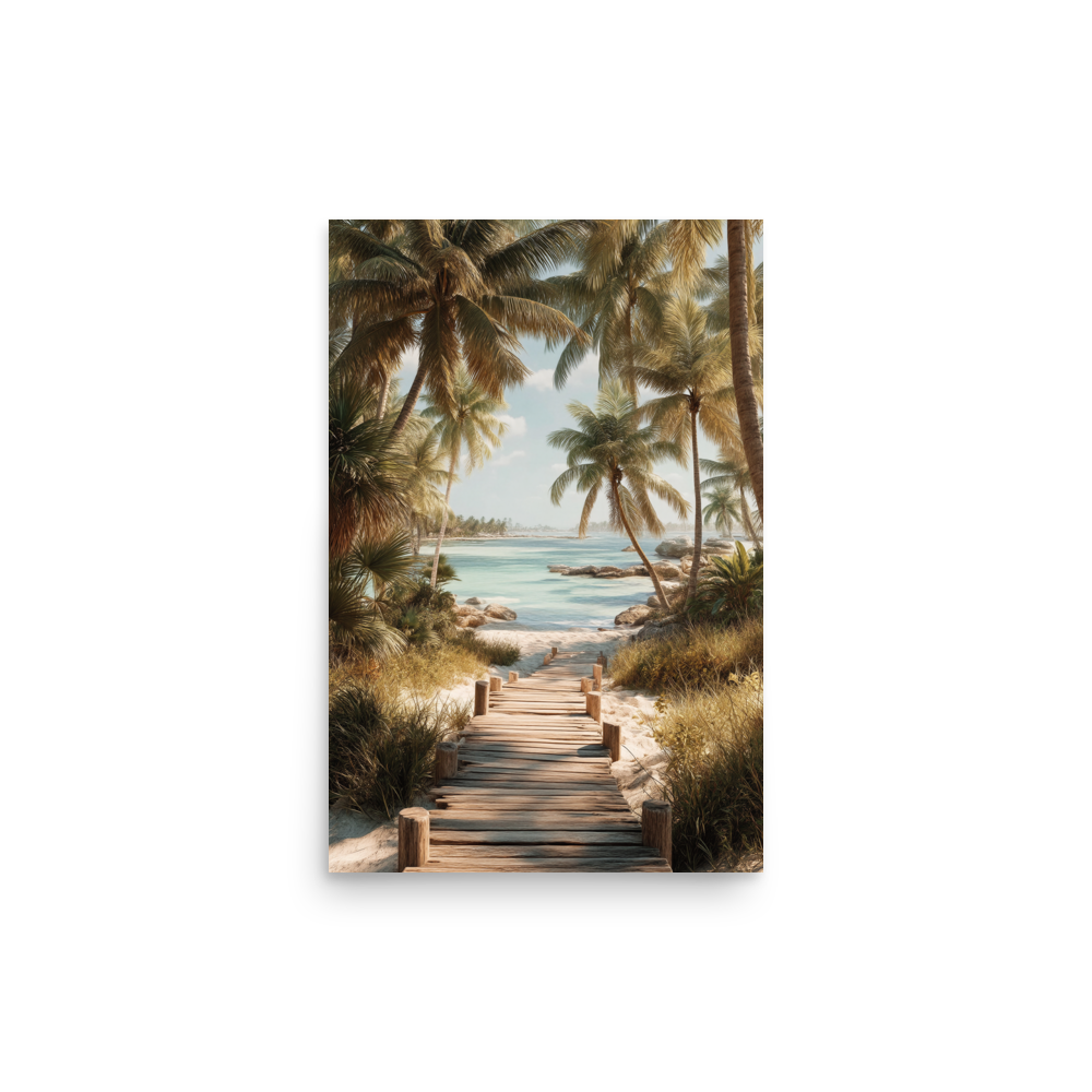 Wooden boardwalk path through tropical palm trees 
leading to calm turquoise beach, 
coastal wall art print, JMTR Jeometry Store