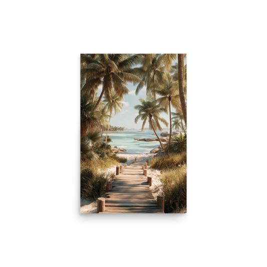 Wooden boardwalk path through tropical palm trees 
leading to calm turquoise beach, 
coastal wall art print, JMTR Jeometry Store