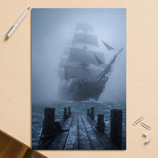 Ghost ship emerging from fog at dawn, dark moody coastal wall art print, JMTR Jeometry Store