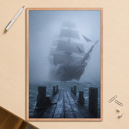 Ghost ship emerging from fog at dawn, dark moody framed wall art print ready to hang, JMTR Jeometry Store