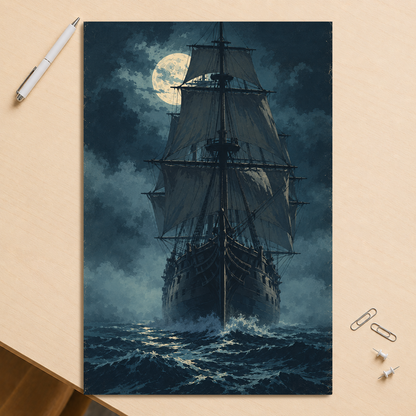 Tall ship sailing under full moon at night, vintage atmospheric nautical wall art print, JMTR Jeometry Store