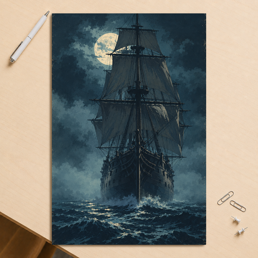 Tall ship sailing under full moon at night, vintage atmospheric nautical wall art print, JMTR Jeometry Store