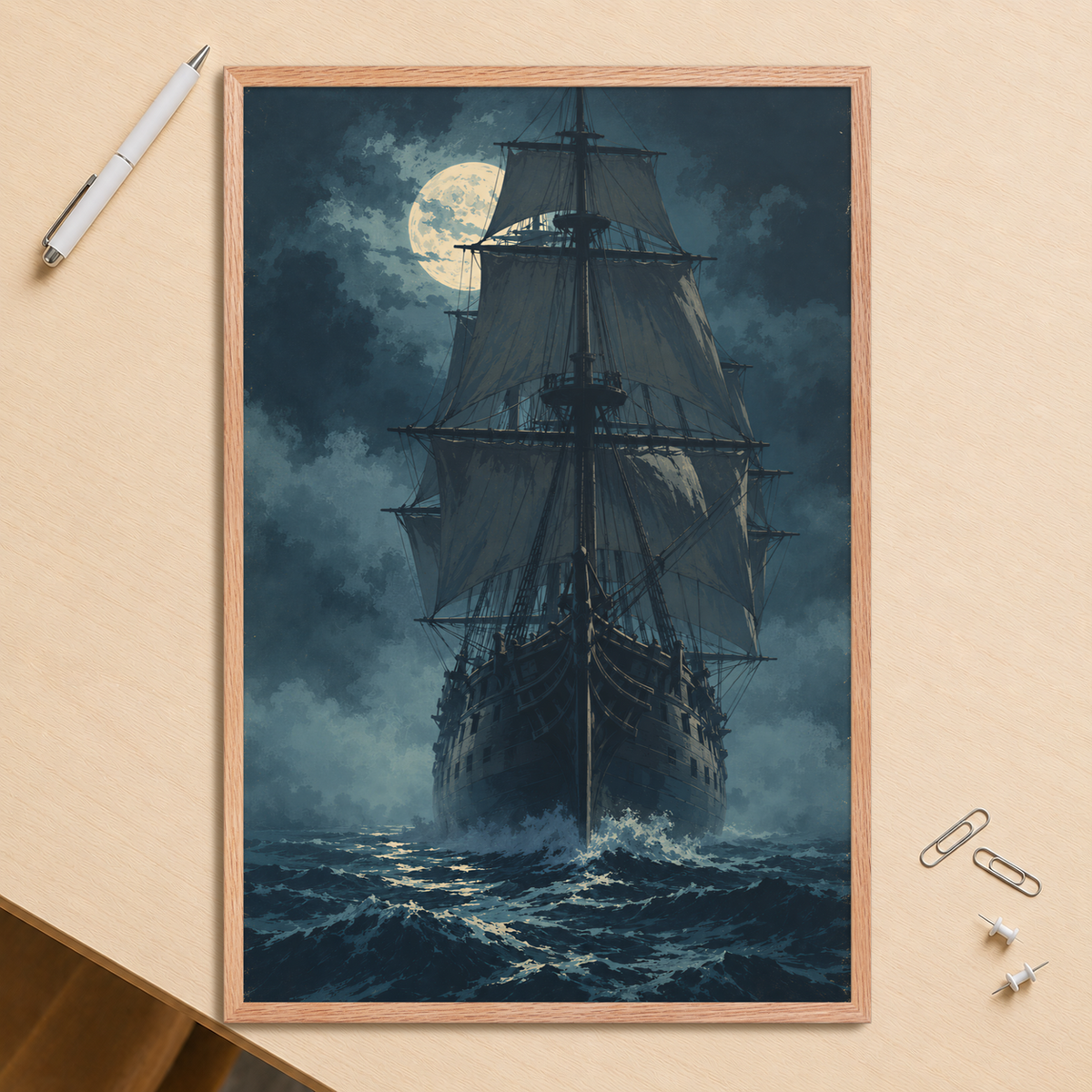 Tall ship sailing under full moon at night, vintage atmospheric nautical framed wall art print ready to hang, JMTR Jeometry Store