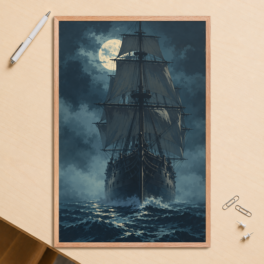 Tall ship sailing under full moon at night, vintage atmospheric nautical framed wall art print ready to hang, JMTR Jeometry Store