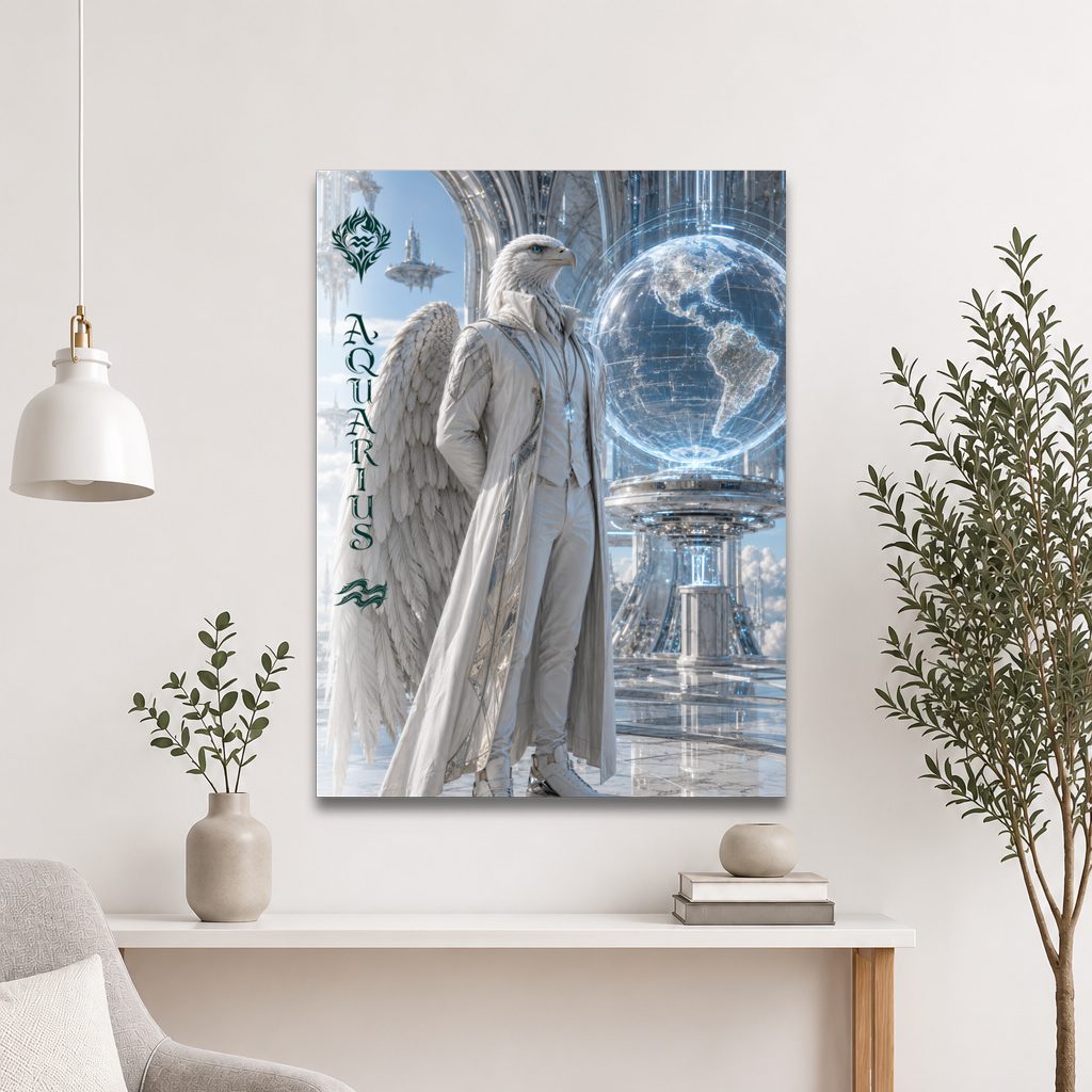 Aquarius man zodiac poster featuring a white eagle standing before a glowing world in a futuristic celestial city