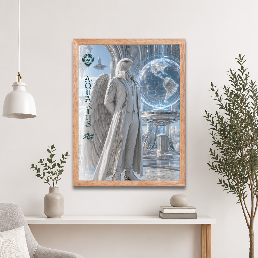 Framed Aquarius man zodiac poster featuring a white eagle standing before a glowing world in a futuristic celestial city