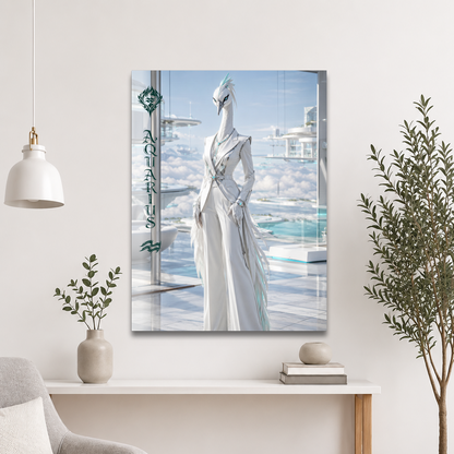 Aquarius woman zodiac poster featuring a white crane standing above the clouds in a futuristic celestial city