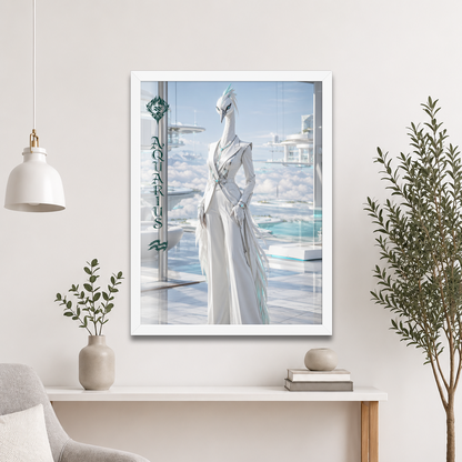 Framed Aquarius woman zodiac poster featuring a white crane standing above the clouds in a futuristic celestial city