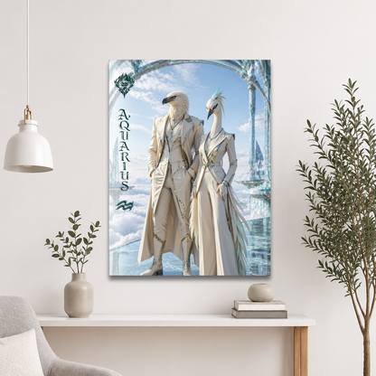 Aquarius power couple zodiac poster with eagle king and crane queen