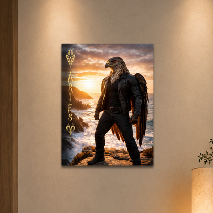 Aries man poster featuring a powerful eagle figure standing above ocean cliffs at sunset, symbolizing strength, courage, and leadership.