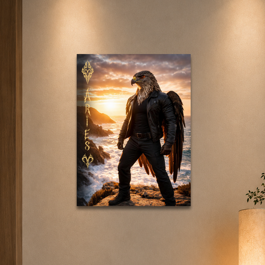 Aries man poster featuring a powerful eagle figure standing above ocean cliffs at sunset, symbolizing strength, courage, and leadership.