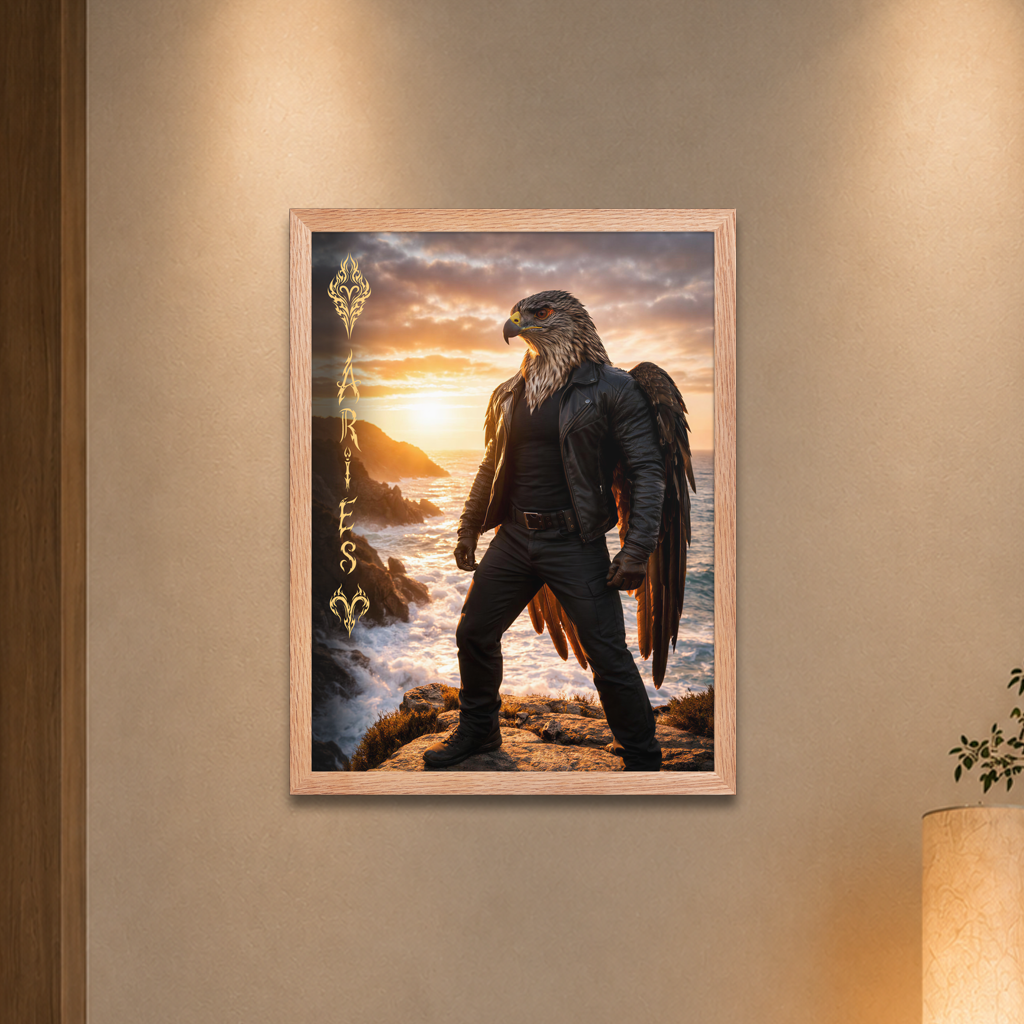 Framed Aries man poster featuring a powerful eagle figure standing above ocean cliffs at sunset, symbolizing strength, courage, and leadership.