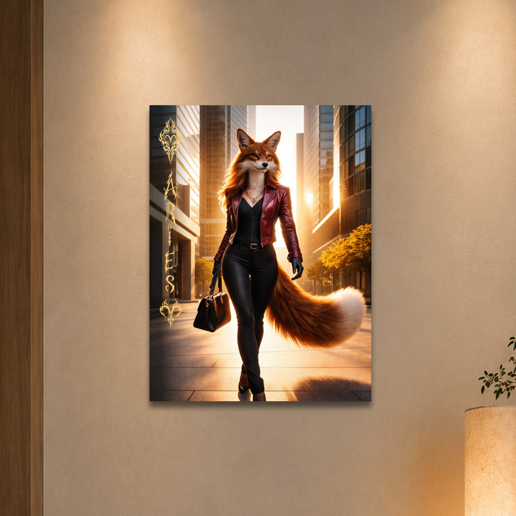 Aries fox woman zodiac poster walking through a modern city at sunset