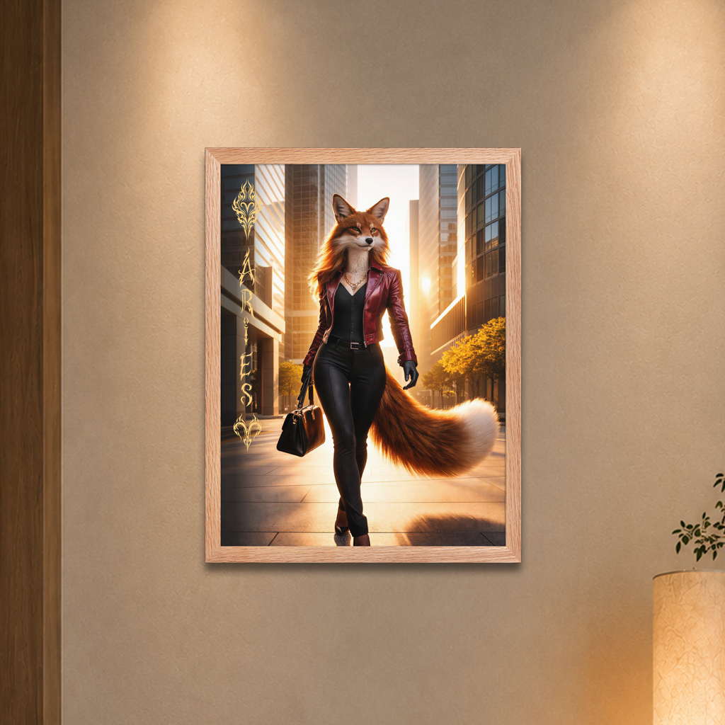 Framed Aries fox woman zodiac poster walking through a modern city at sunset