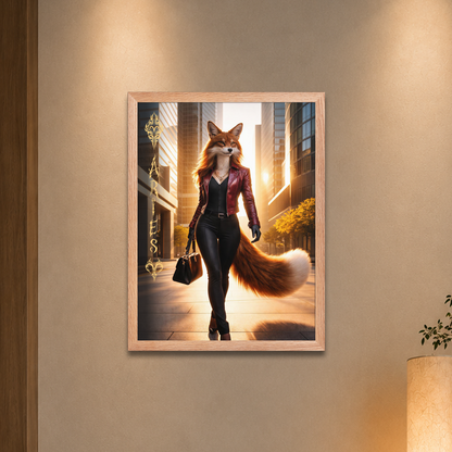 Framed Aries fox woman zodiac poster walking through a modern city at sunset