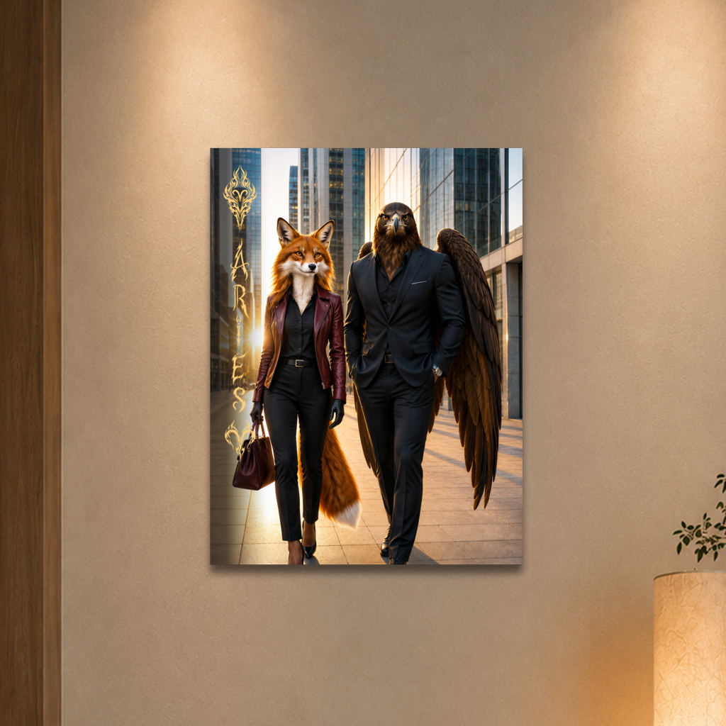 Aries power couple poster featuring eagle and fox archetypes walking together through a modern city, symbolizing strength, ambition, and partnership.